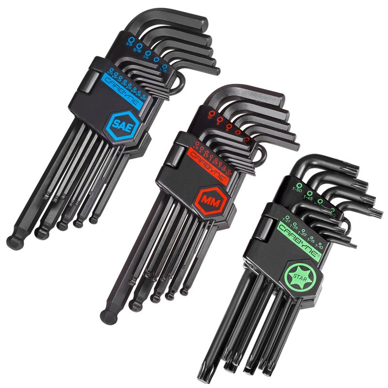 Carbyne 35-Piece Long Arm Ball End Allen Key Wrench Set, Inch/Metric/Torx. Includes Metric Hex 1.27mm-10mm, SAE Hex 0.05"-3/8", Torx T10-T50. Heat Treated S2 Steel - Image 1